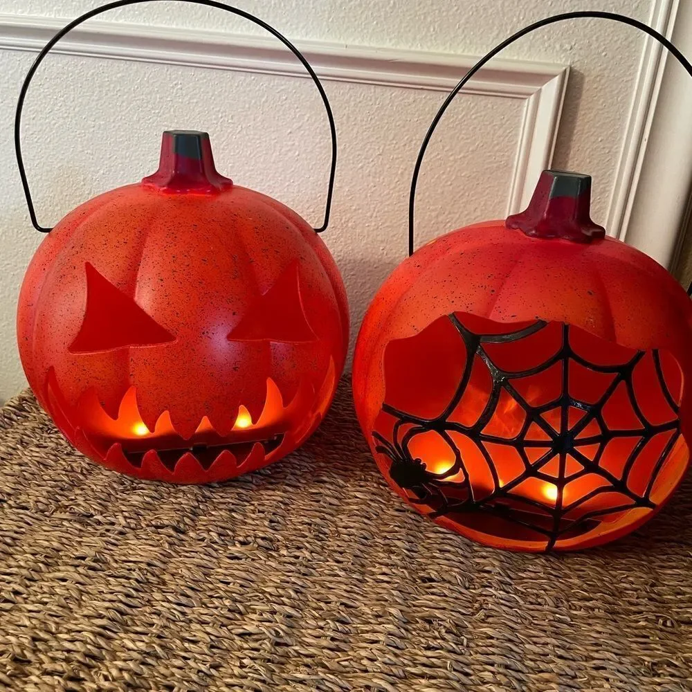 Holiday Home LED Fire Pumpkins Spider Web Design set of 2!